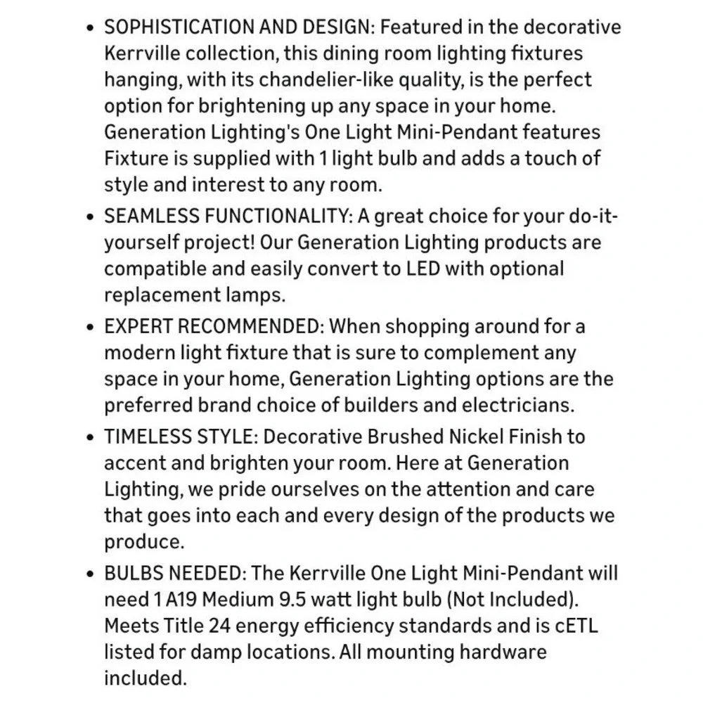 Generation Lighting 6115201EN3-962 Kerrville One Light Mini Pendant Hanging Mode